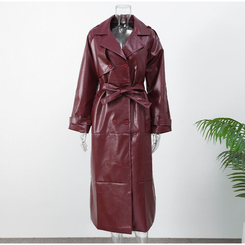 Deep Red Waist-Cinching Belted Suit Collar Long Slim-Fit Leather Coat Trench Coat Jacket - Image 3