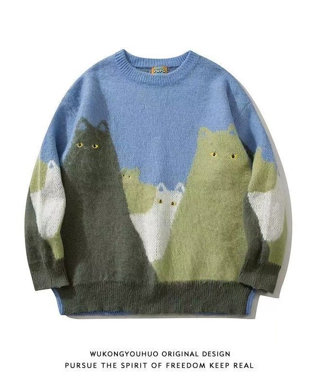 The Apolline Cartoon Cat Jacquard Knitted Sweater – La Rose Couture Coats & Jackets