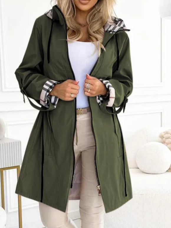 Women's Hooded Plaid Printed Windbreaker Coat - Image 5