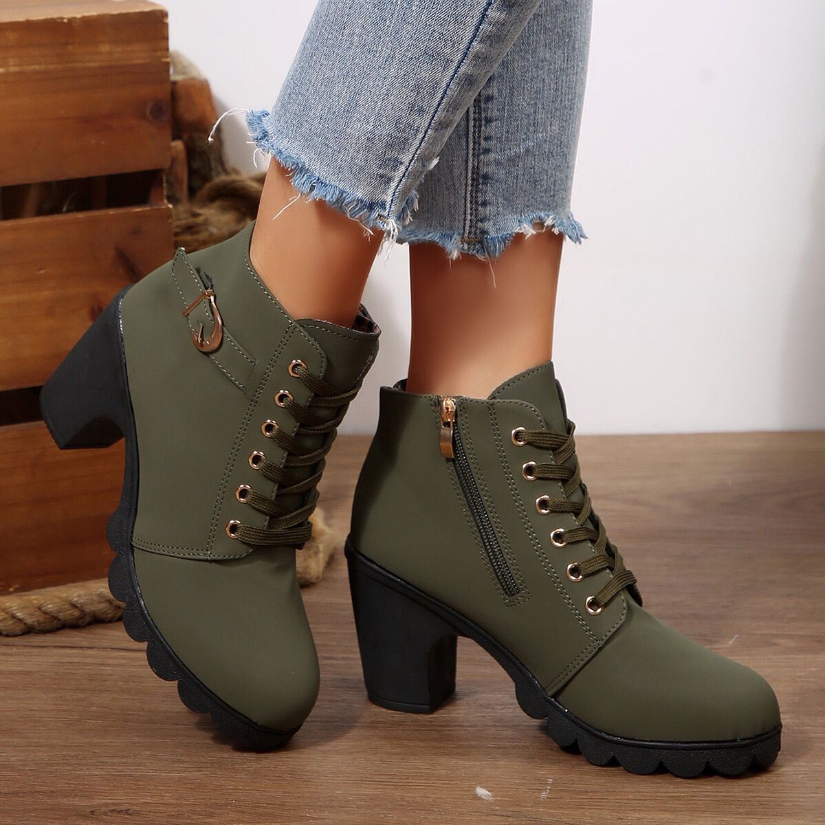 Women Chunky Heel Lace Up Ankle Boots - Image 5