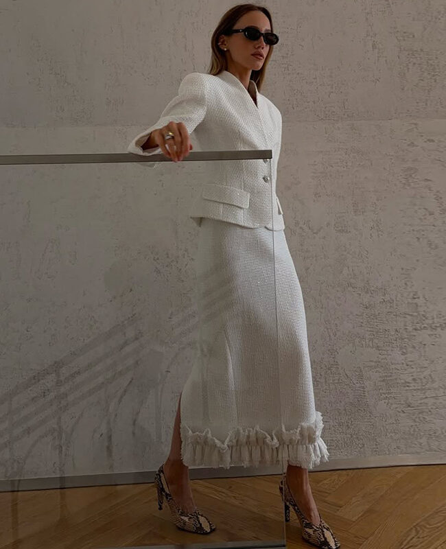 The Vivienne Elegant Two Piece V Neck Long Sleeve White Skirt Suit Detail – La Rose Couture Trousers & Skirts