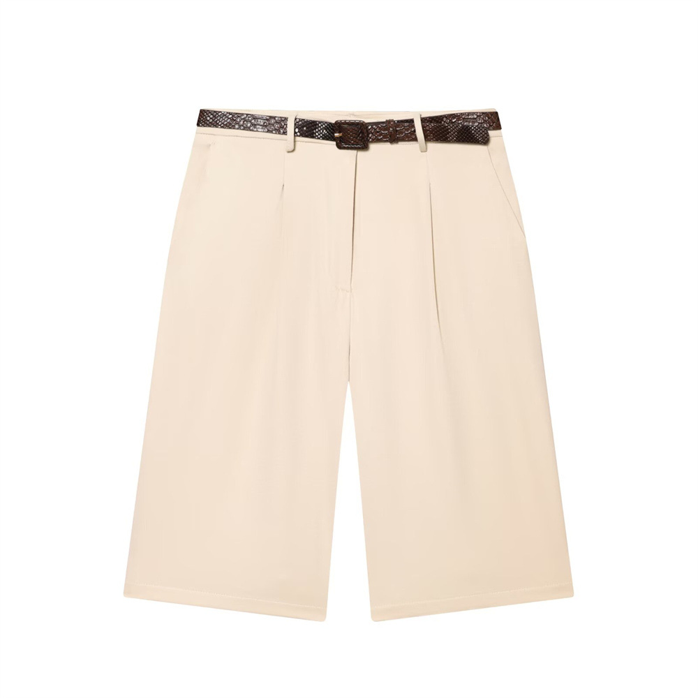 Women's high-waisted zipper pleated short pants with belt