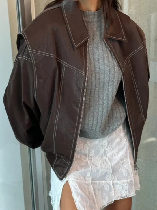 Oversized Retro Lapel Zipper PU Leather Jacket