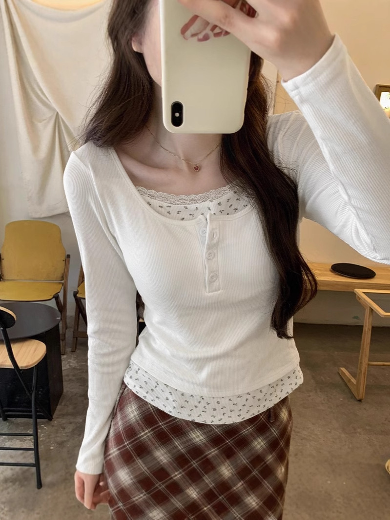 Women's fall/winter imitation two-piece long-sleeved top