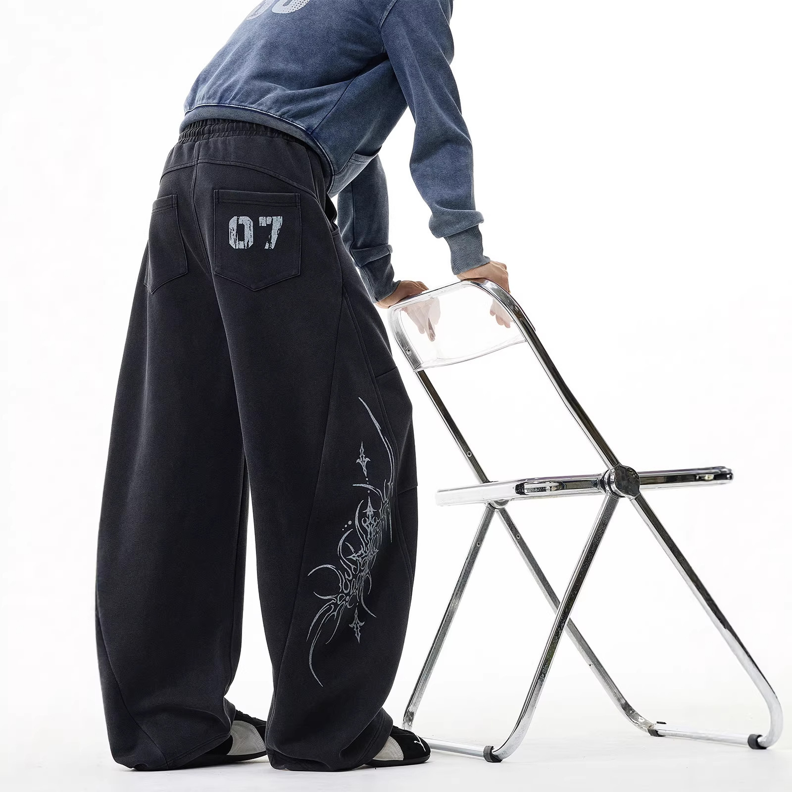 Mens Loose Fit Drawstring Pants Letter Print Wide Leg Casual Trousers - Image 4