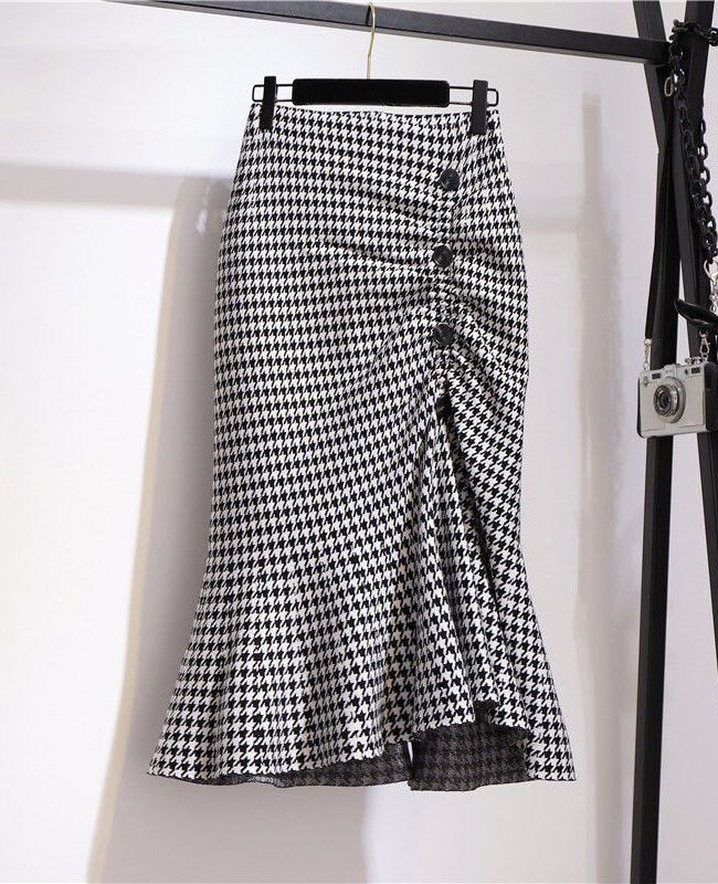 The Salome Pencil Skirt Midi Length Plaid Fishtail Detail – La Rose Couture Trousers & Skirts