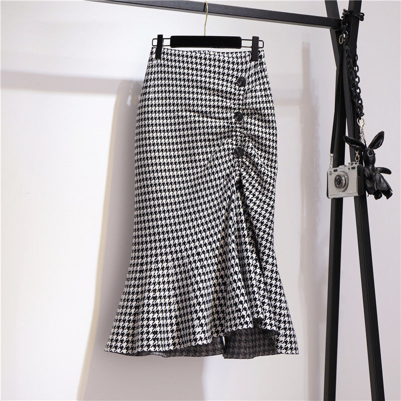 Women Pencil Skirt Midi Length Plaid Fishtail - Image 4
