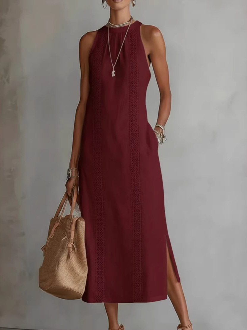 Womens Halter Neck Lace Patchwork Sleeveless Dress - Image 3
