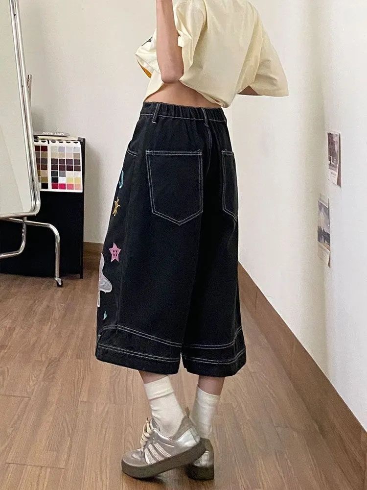 Womens Embroidered Denim Wide Leg Cropped Pants - Image 5