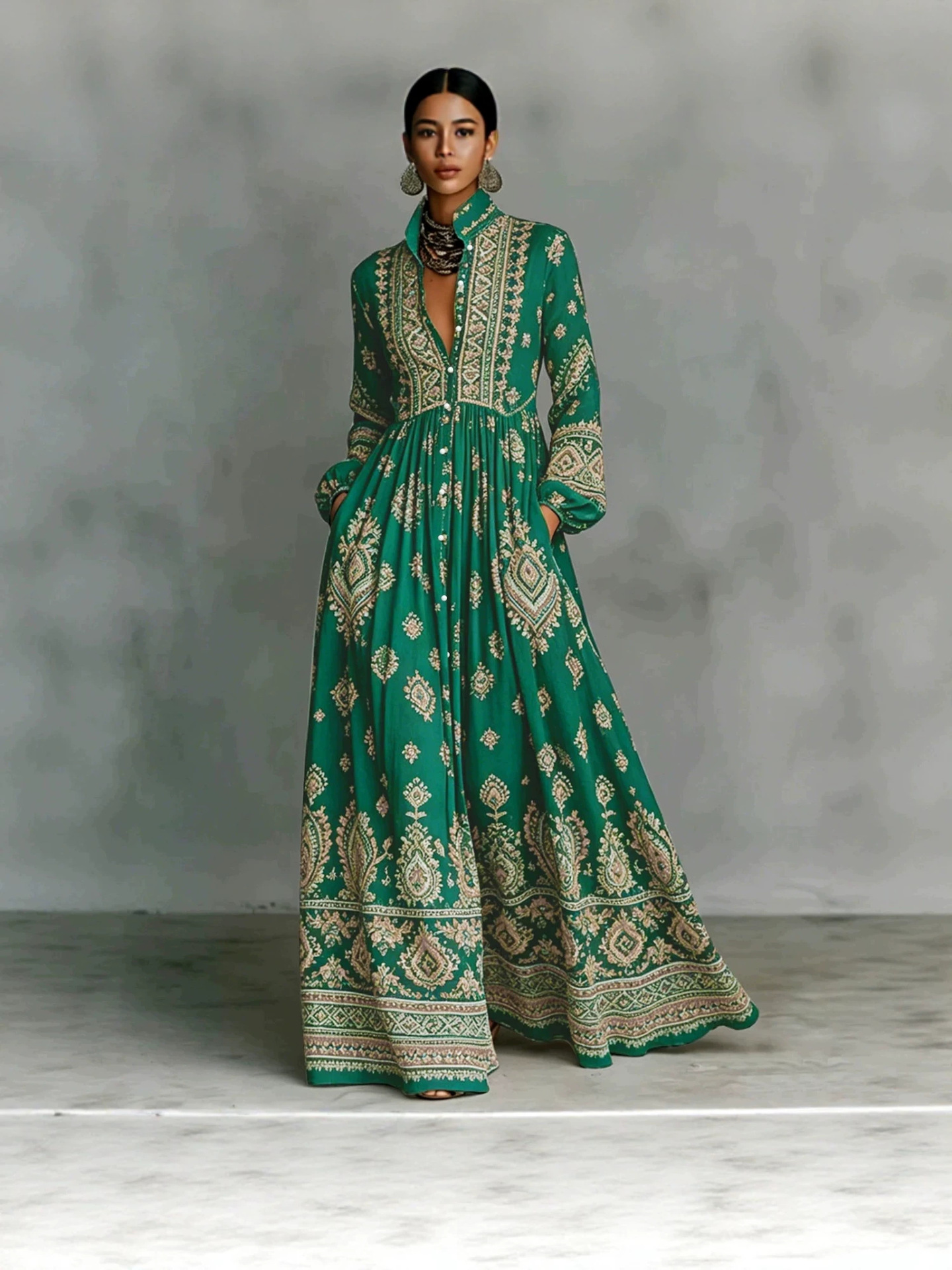 Printed V-neck long-sleeved dress - Image 5