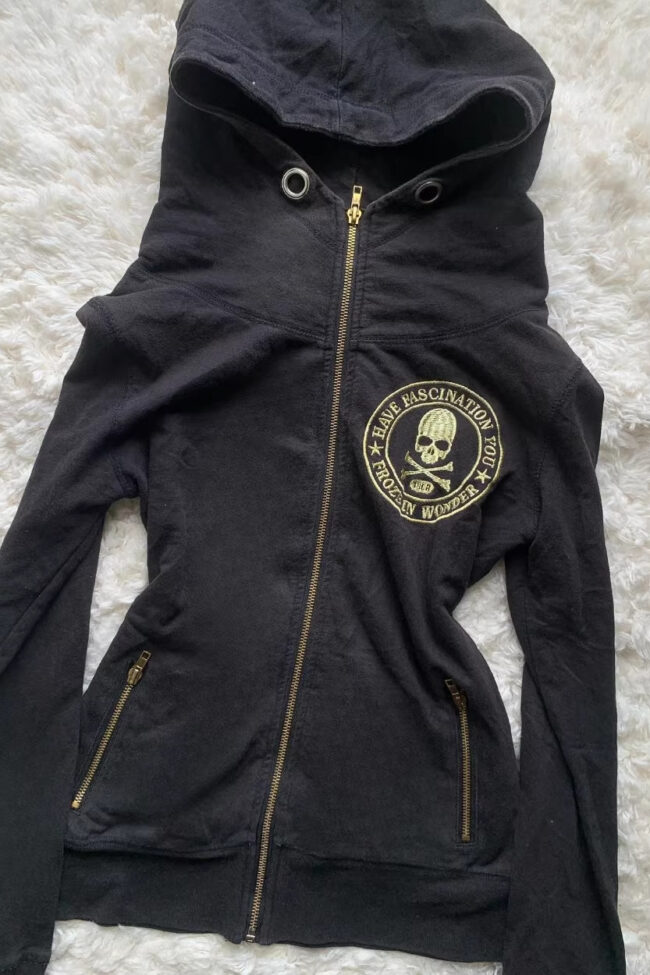The Laurene Retro Zip Up Hoodie with Skull Embroidery Detail – La Rose Couture Tops & Blouses