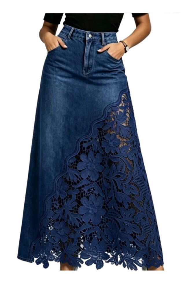 The Ariane Lace Trim Denim Midi Skirt Detail – La Rose Couture Trousers & Skirts