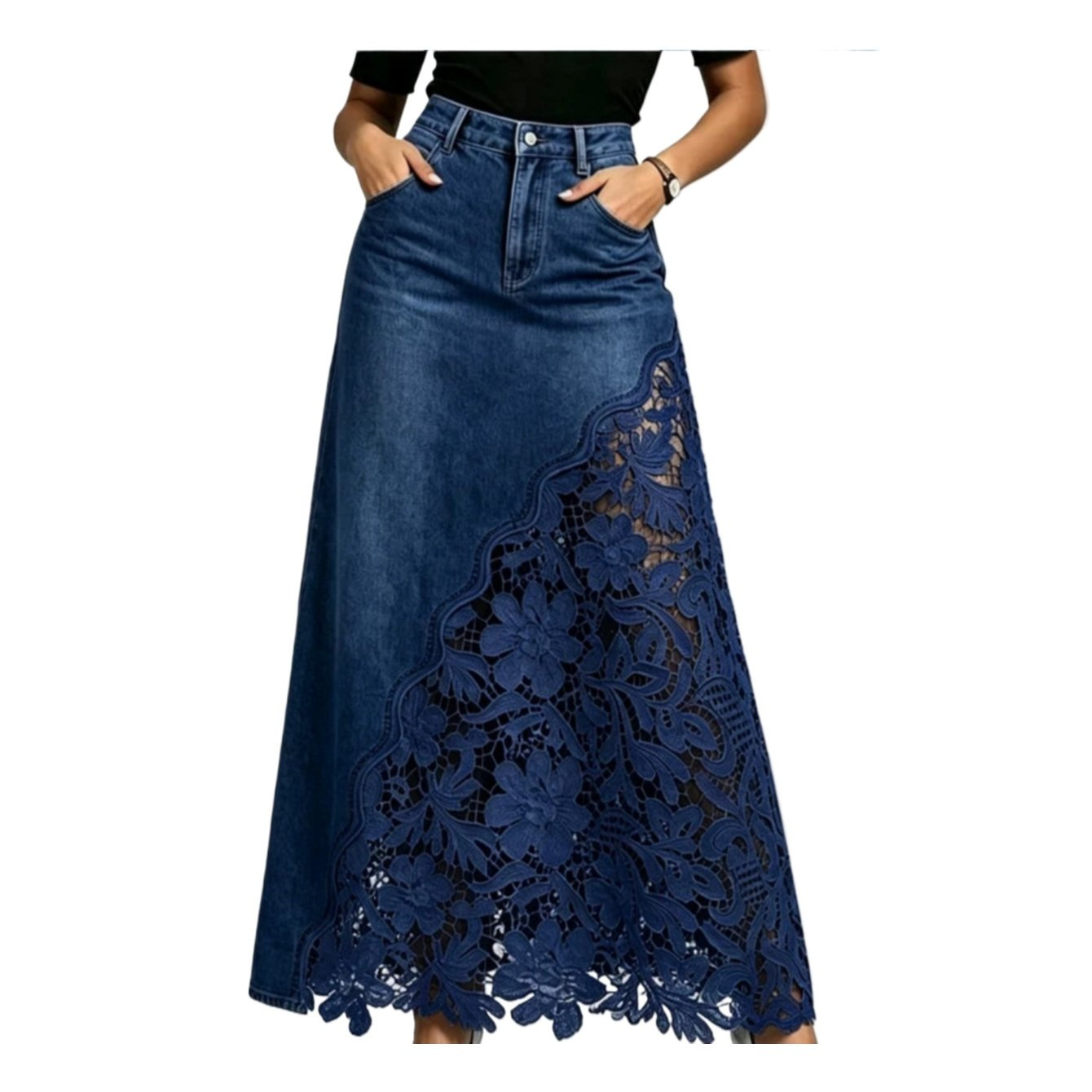 Lace Trim Denim Midi Skirt - Image 4
