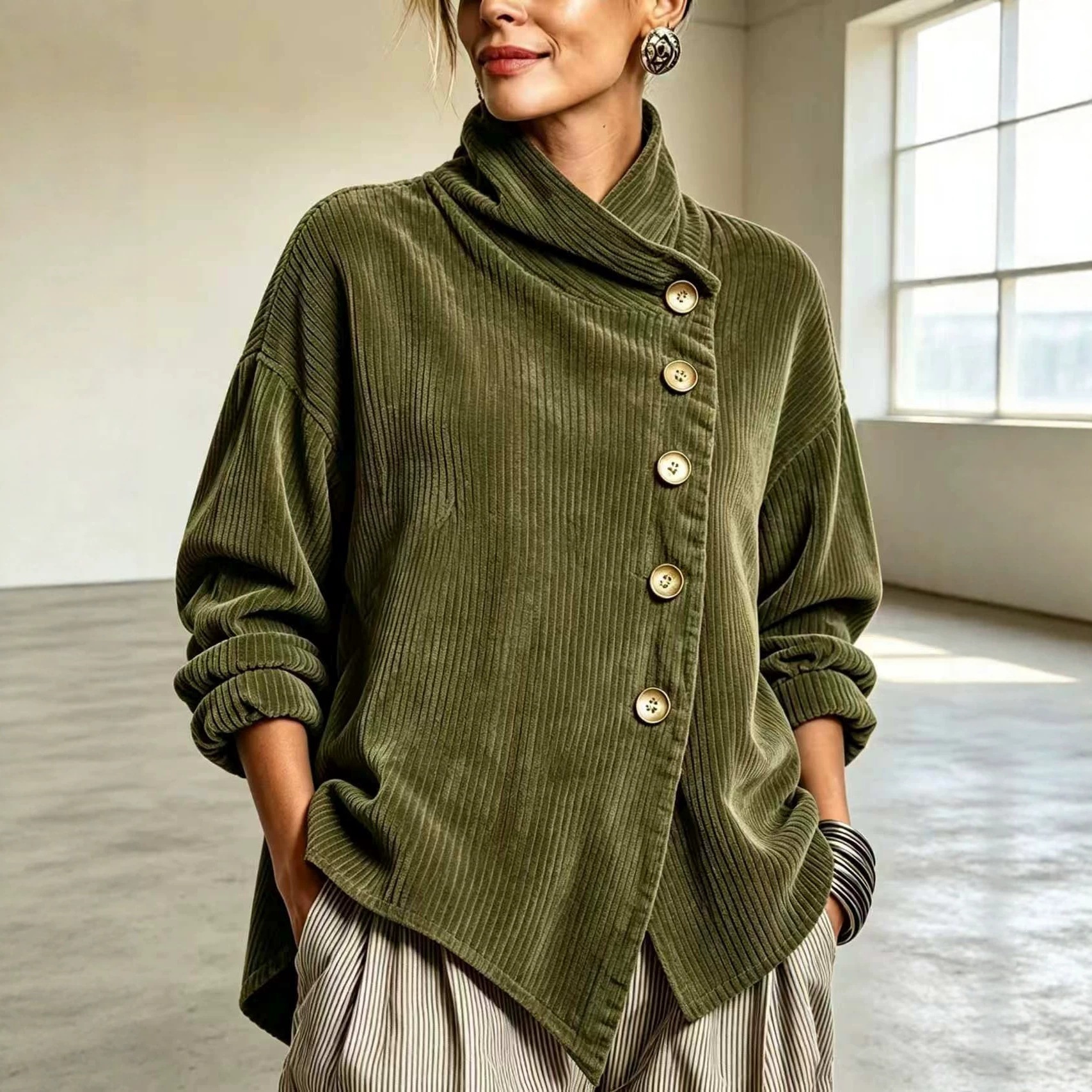 Women's Autumn Winter Corduroy Asymmetric Off-Shoulder Jacket