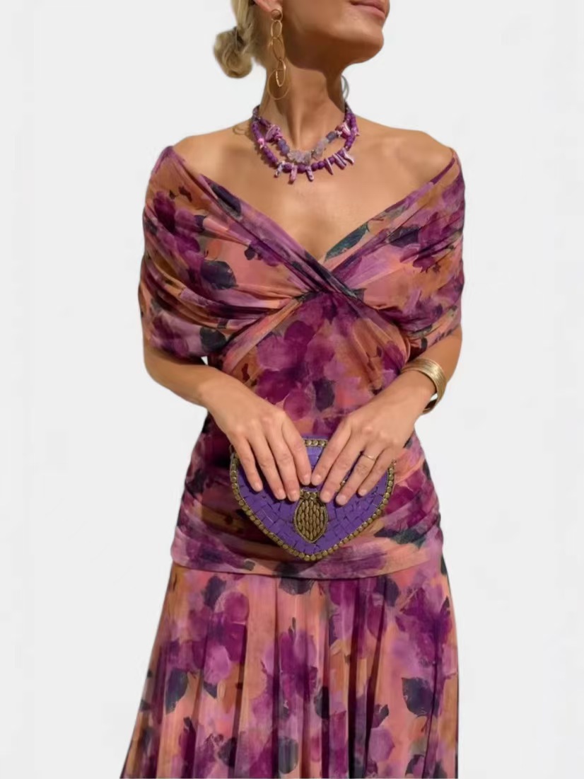 Floral Print V-neck Mesh Dress - Image 4
