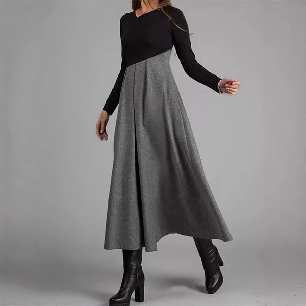 Womens Long Sleeve V-Neck Woolen Dress - Image 5