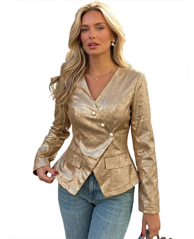 The Yvette Vintage Gold V Neck Slim Fit Long Sleeve Blazer Detail – La Rose Couture Coats & Jackets