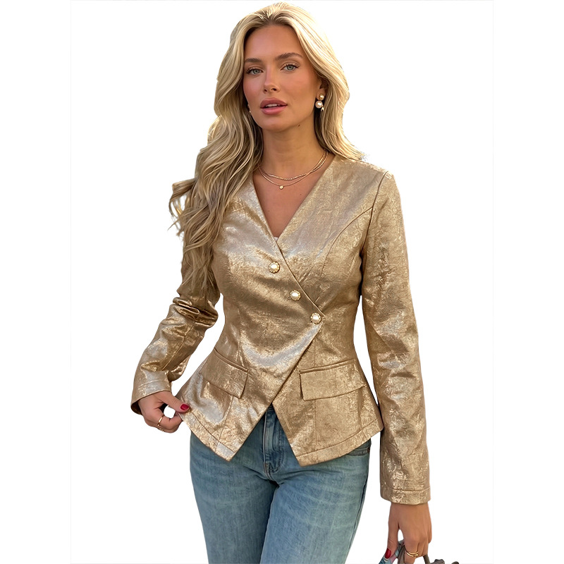 Women Vintage Gold V-Neck Slim Fit Long Sleeve Blazer - Image 5