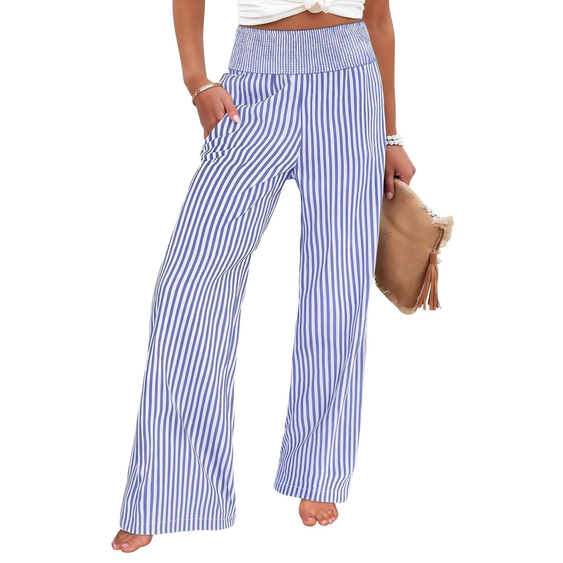 Womens Loose Striped Cotton Linen Casual Pants with Elastic Waist - Image 5