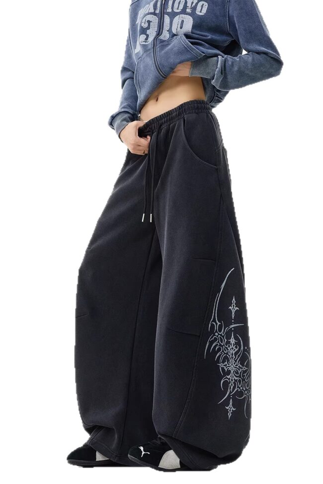The Delphine Loose Fit Drawstring Pants Letter Print Wide Leg Casual Trousers Detail – La Rose Couture Trousers & Skirts