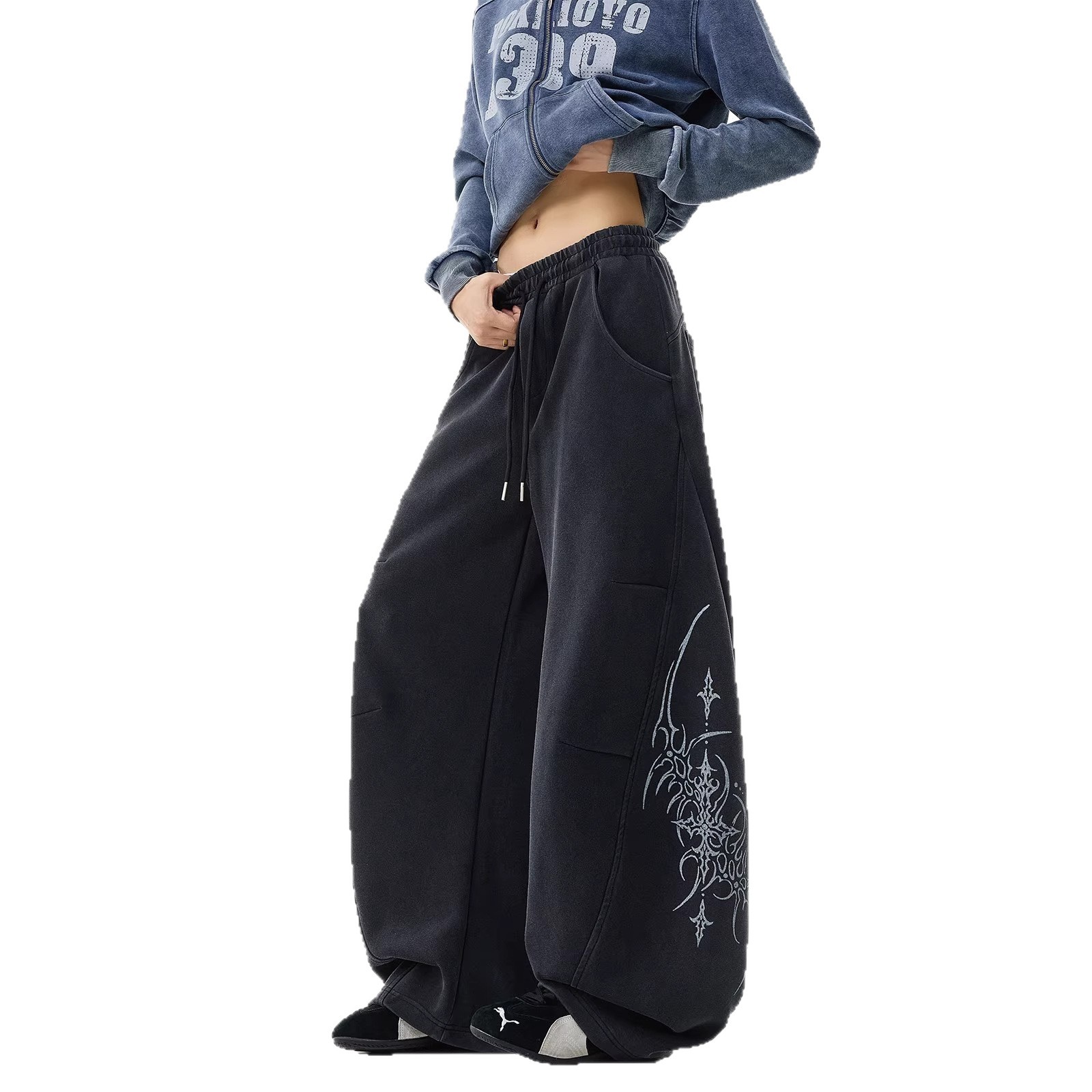 Mens Loose Fit Drawstring Pants Letter Print Wide Leg Casual Trousers - Image 3