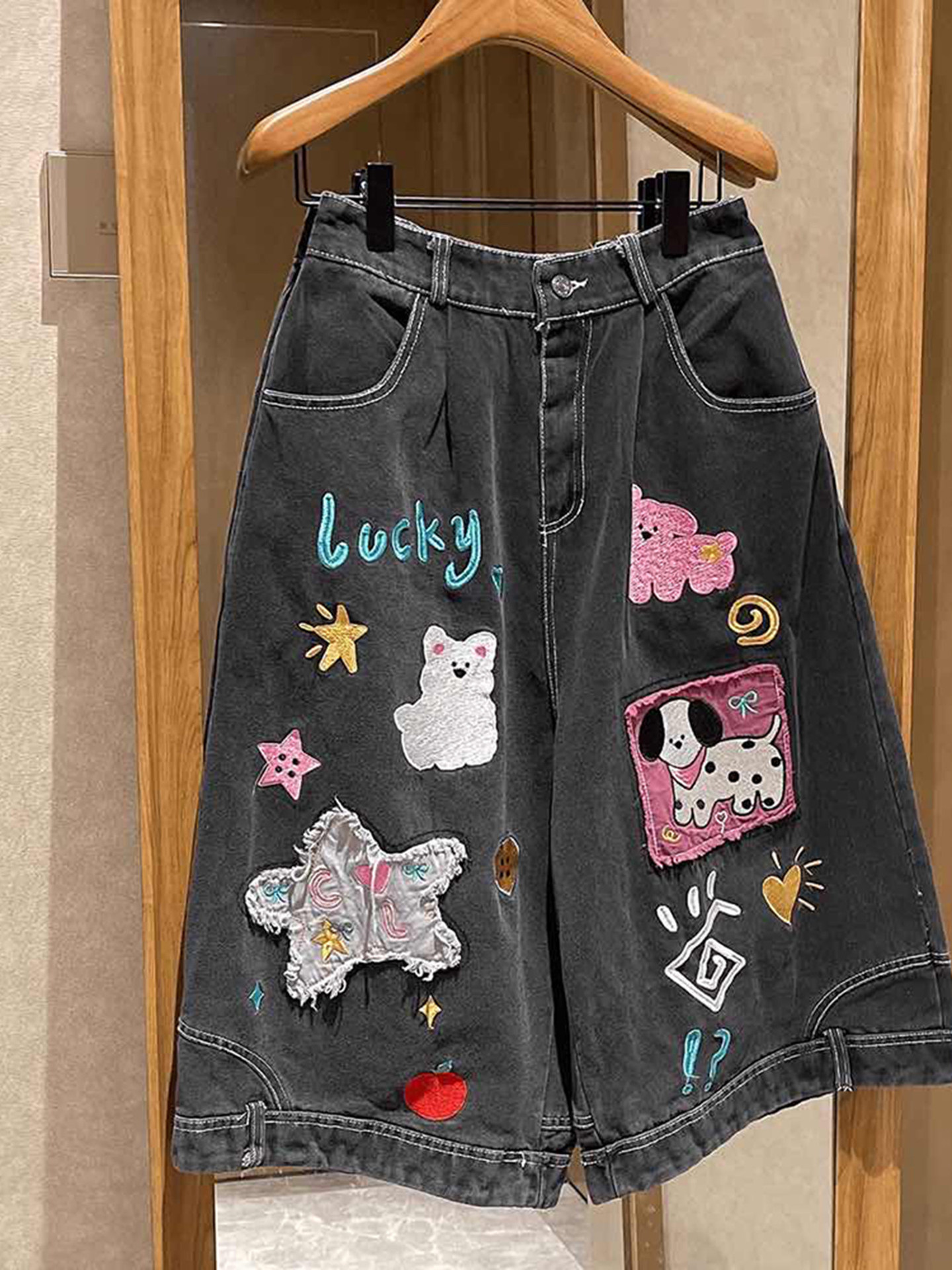 Embroidered Denim Cropped Wide-Leg Shorts - Image 2