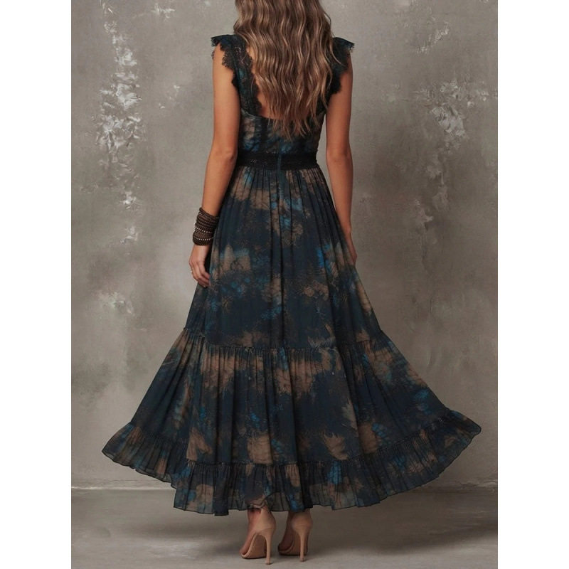 Floral Lace V-Neck Flutter Sleeve Chiffon Dress