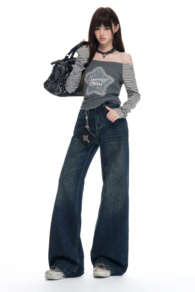 The Amandine High Waisted Wide Leg Retro Vintage Blue Denim Jeans Detail – La Rose Couture Trousers & Skirts