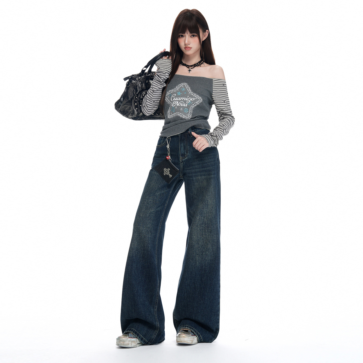 Women's High-Waisted Wide-Leg Retro Vintage Blue Denim Jeans - Image 3