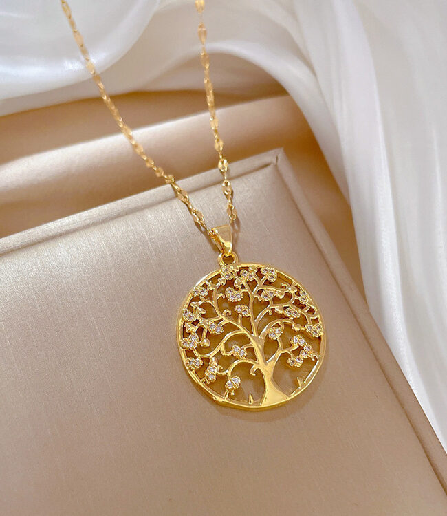 The Estelle Titanium Steel Tree of Life Pendant Light Luxury Clavicle Necklace Gold Color Detail – La Rose Couture Jewellery & Accessories