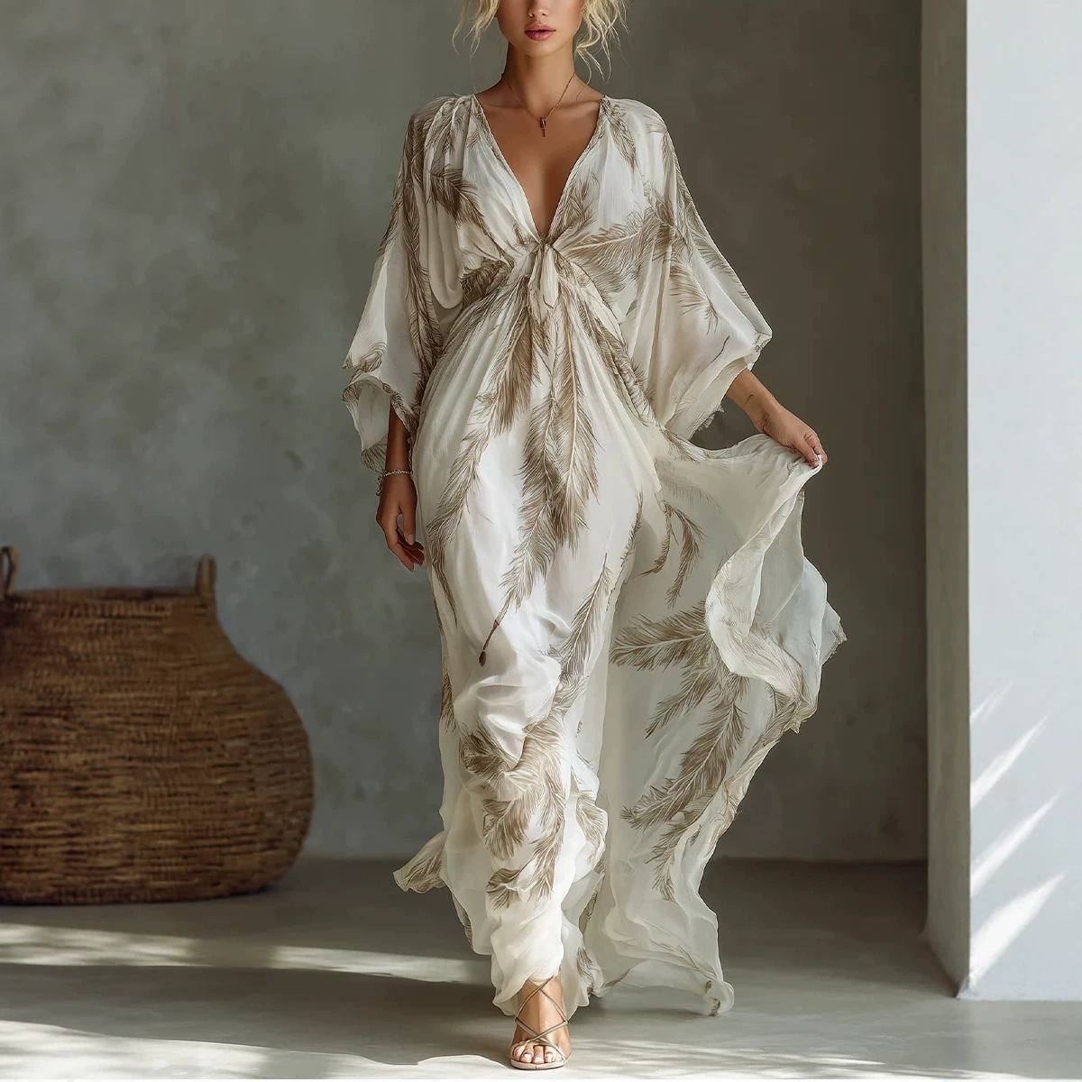 Floral Print V-Neck Long Dress