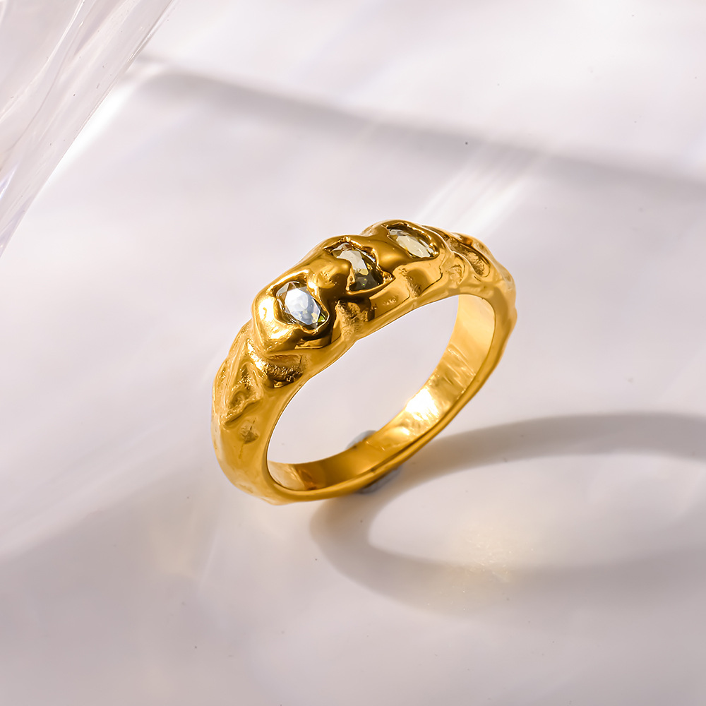 18K Gold Plated Irregular Texture Zircon Ring for Women Stainless Steel - Image 3