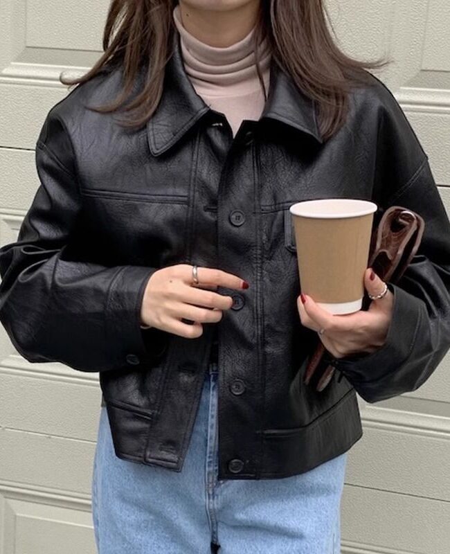 The Laurene Vintage Pu Leather Jacket Stand Collar Long Sleeve Zip Up Short Coat Detail – La Rose Couture Coats & Jackets