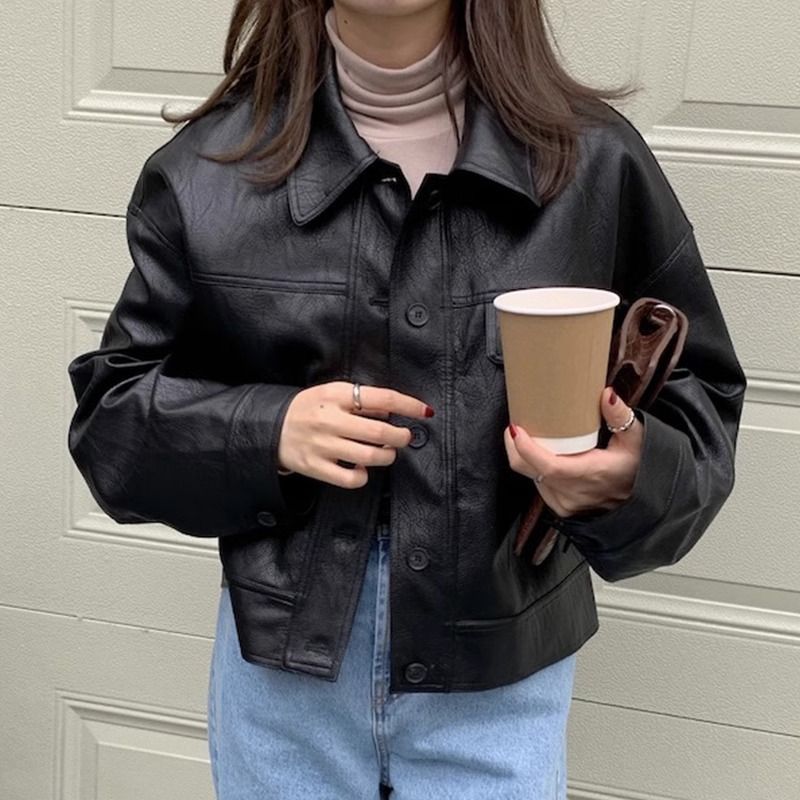 Women's Vintage PU Leather Jacket Stand Collar Long Sleeve Zip-Up Short Coat - Image 4
