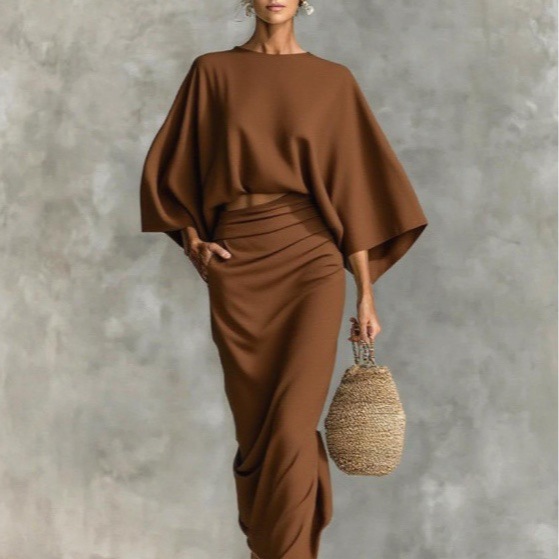 Womens High Waist Long Skirt Set with Loose Top - Image 4