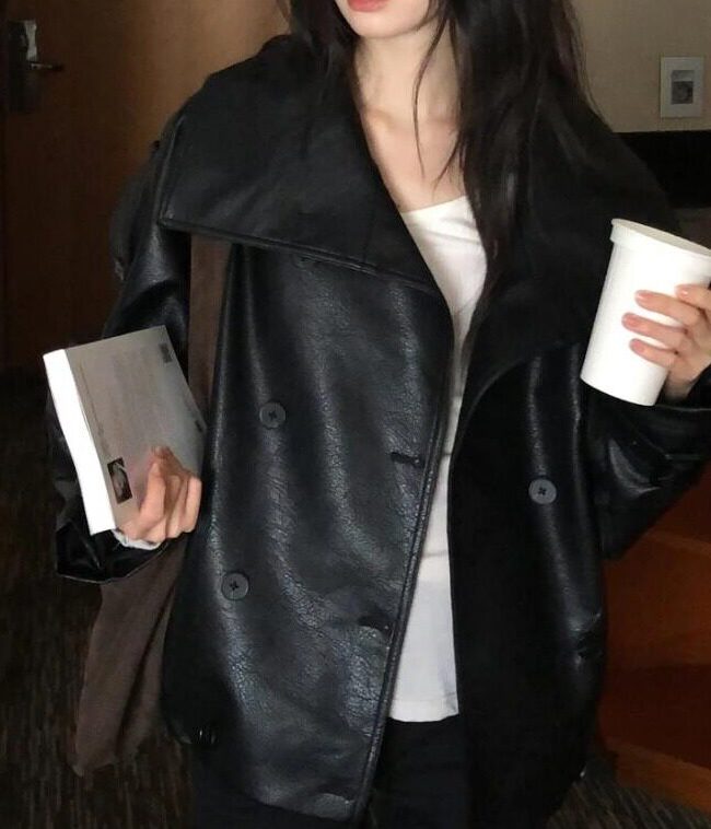 The Clarisse Korean Vintage Double Breasted Stand Up Collar Leather Jacket Detail – La Rose Couture Coats & Jackets