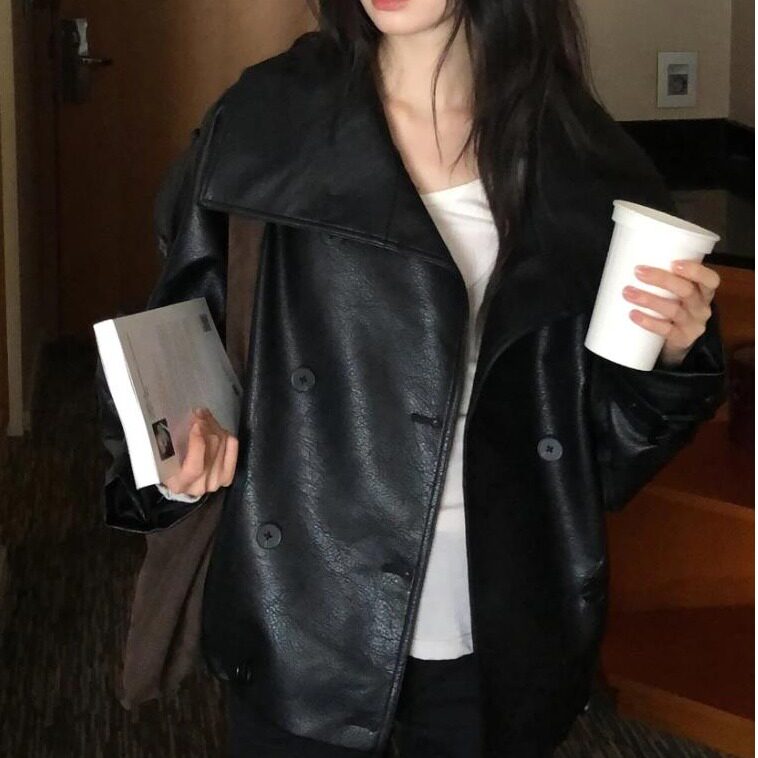 Korean vintage double-breasted stand-up collar leather jacket - Image 3