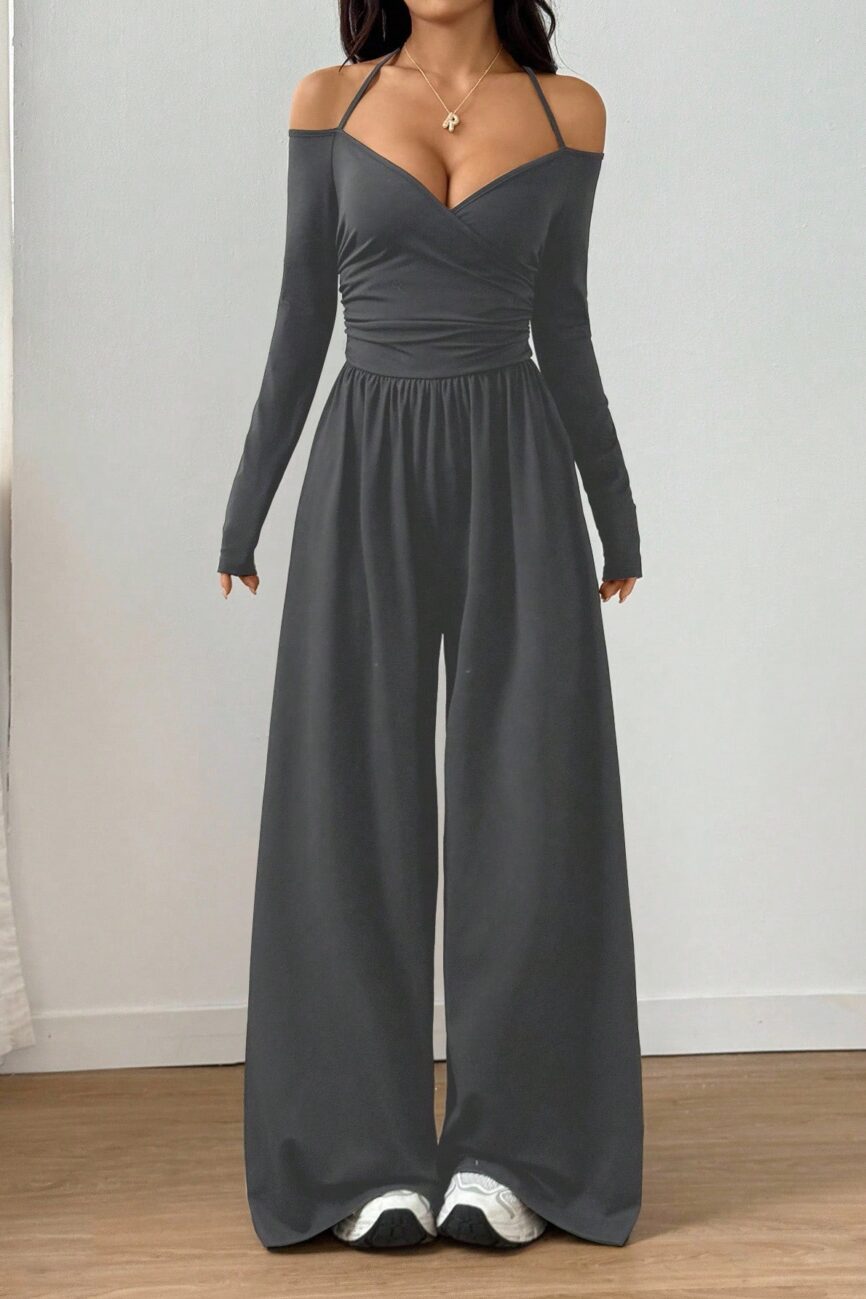 The Nadege Halter V Neck Long Sleeve Wide Leg Jumpsuit – La Rose Couture Dresses & Gowns
