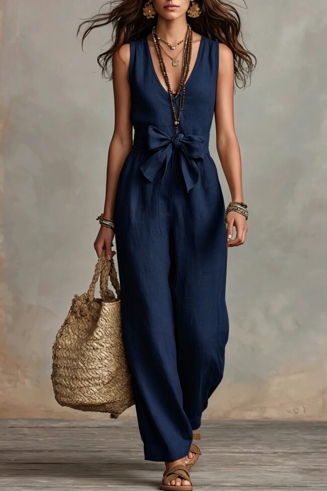 The Audrey V Neck Sleeveless Wide Leg Jumpsuit with Bow Belt Detail – La Rose Couture Dresses & Gowns