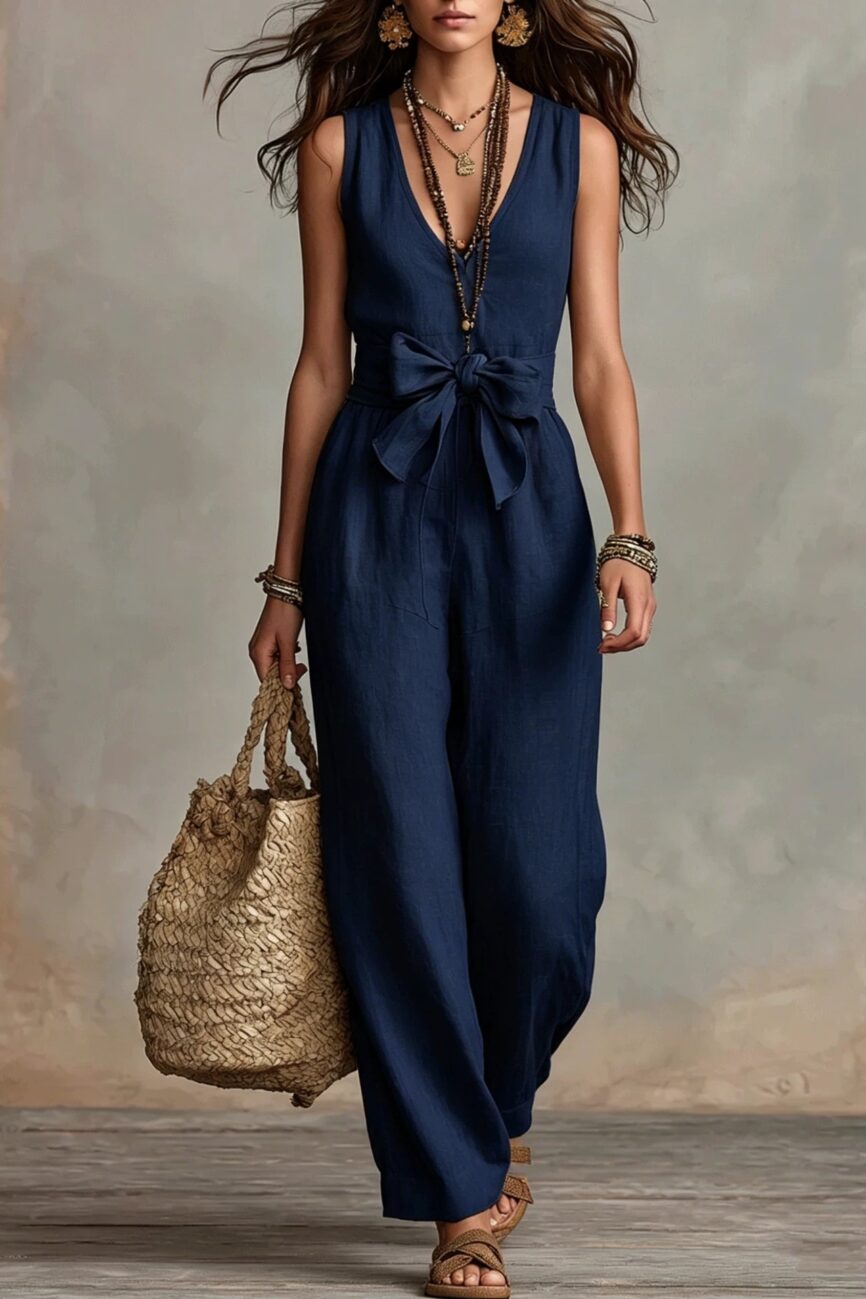 The Audrey V Neck Sleeveless Wide Leg Jumpsuit with Bow Belt Detail – La Rose Couture Dresses & Gowns