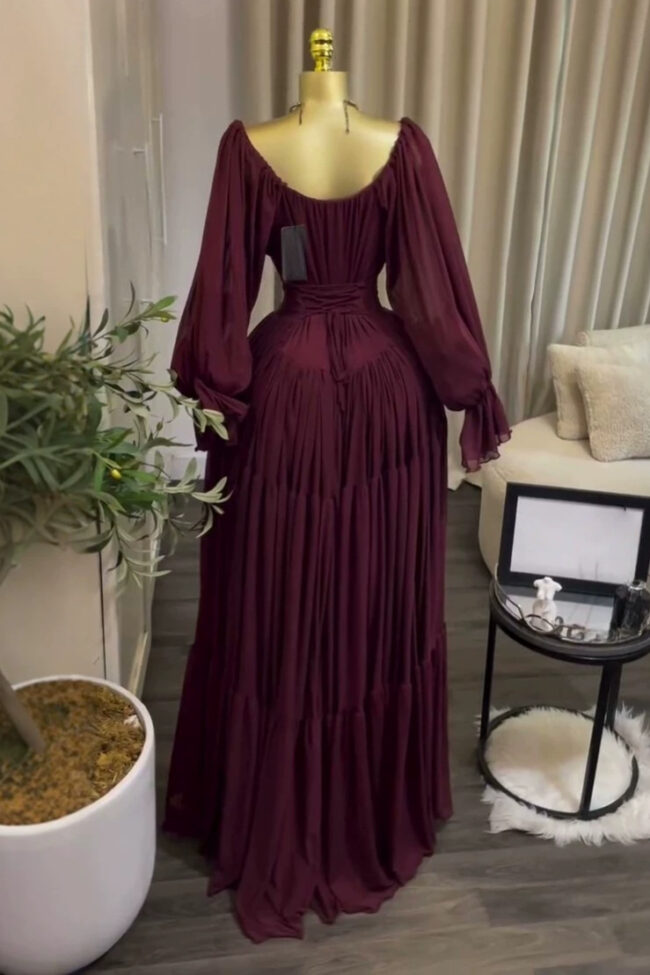 The Fabienne Elegant Lantern Sleeve Tie Slim Fit Pleated Long Dress Detail – La Rose Couture Dresses & Gowns