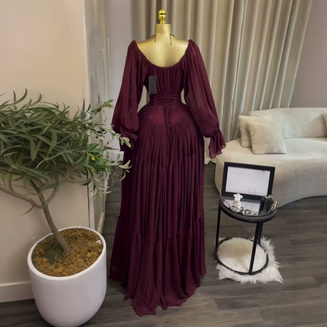 elegant lantern sleeve tie slim-fit pleated long dress - Image 3