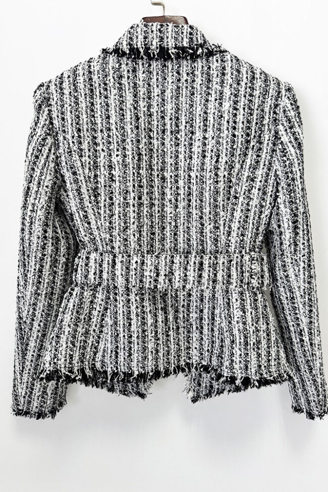 The Audrey Fringed Tweed Jacket Slim Fit Belted Suit Collar Long Sleeve Coat Detail – La Rose Couture Coats & Jackets