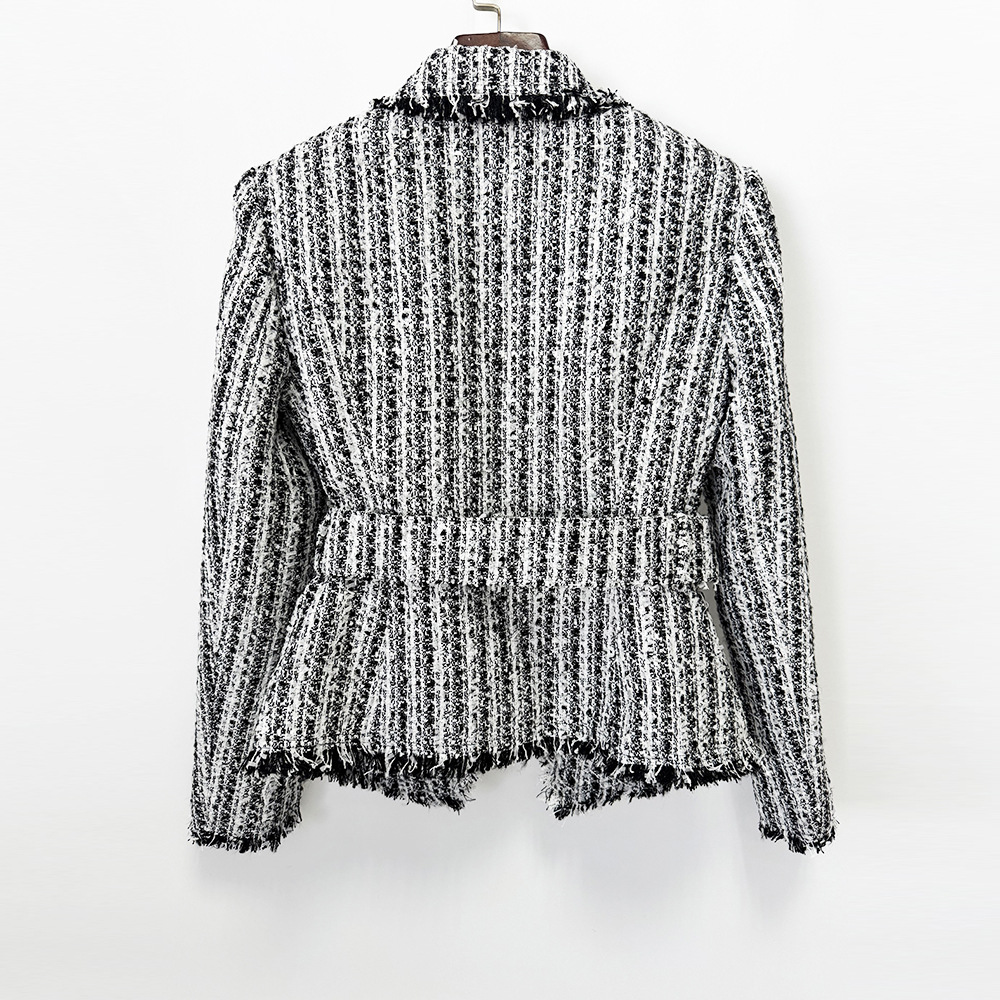 Women's Fringed Tweed Jacket Slim Fit Belted Suit Collar Long Sleeve Coat - Image 2