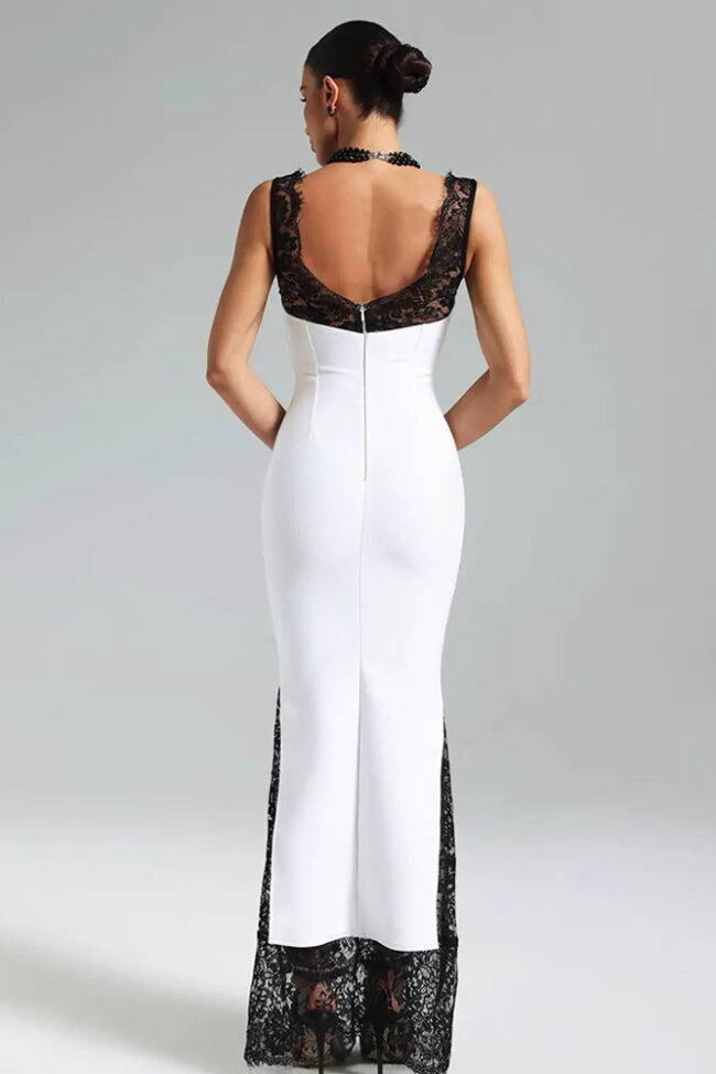The Justine Sleeveless Strap V Neck Lace Stitching Elegant Dress Detail – La Rose Couture Dresses & Gowns