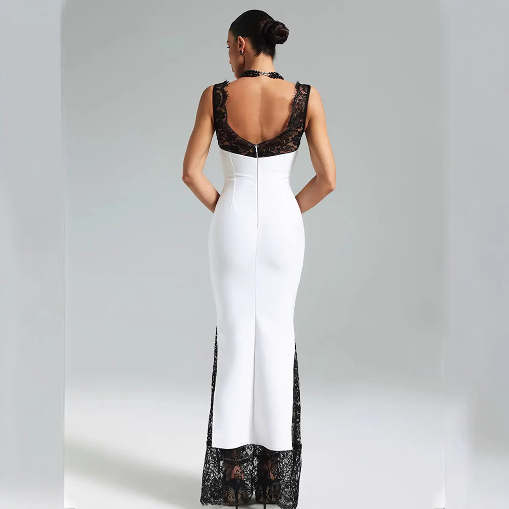 Sleeveless Strap V-Neck Lace Stitching Elegant Dress - Image 4