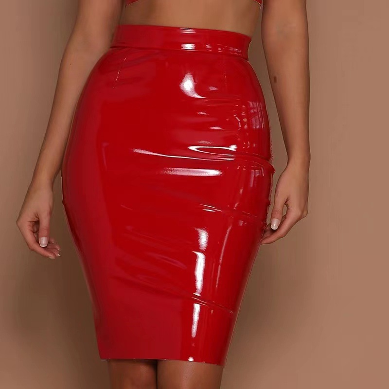 pure color Sexy Slim PU leather high waist zipper hip skirt - Image 2