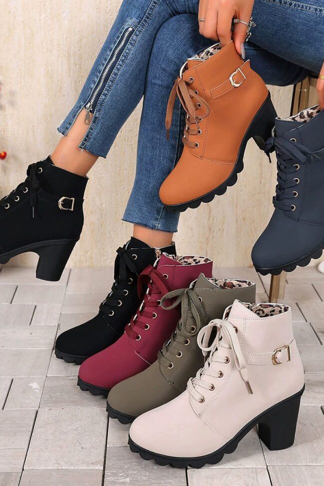 The Clothilde Thick Heel Ankle Boots Round Toe Lace Up Combat Detail – La Rose Couture Shoes & Footwear