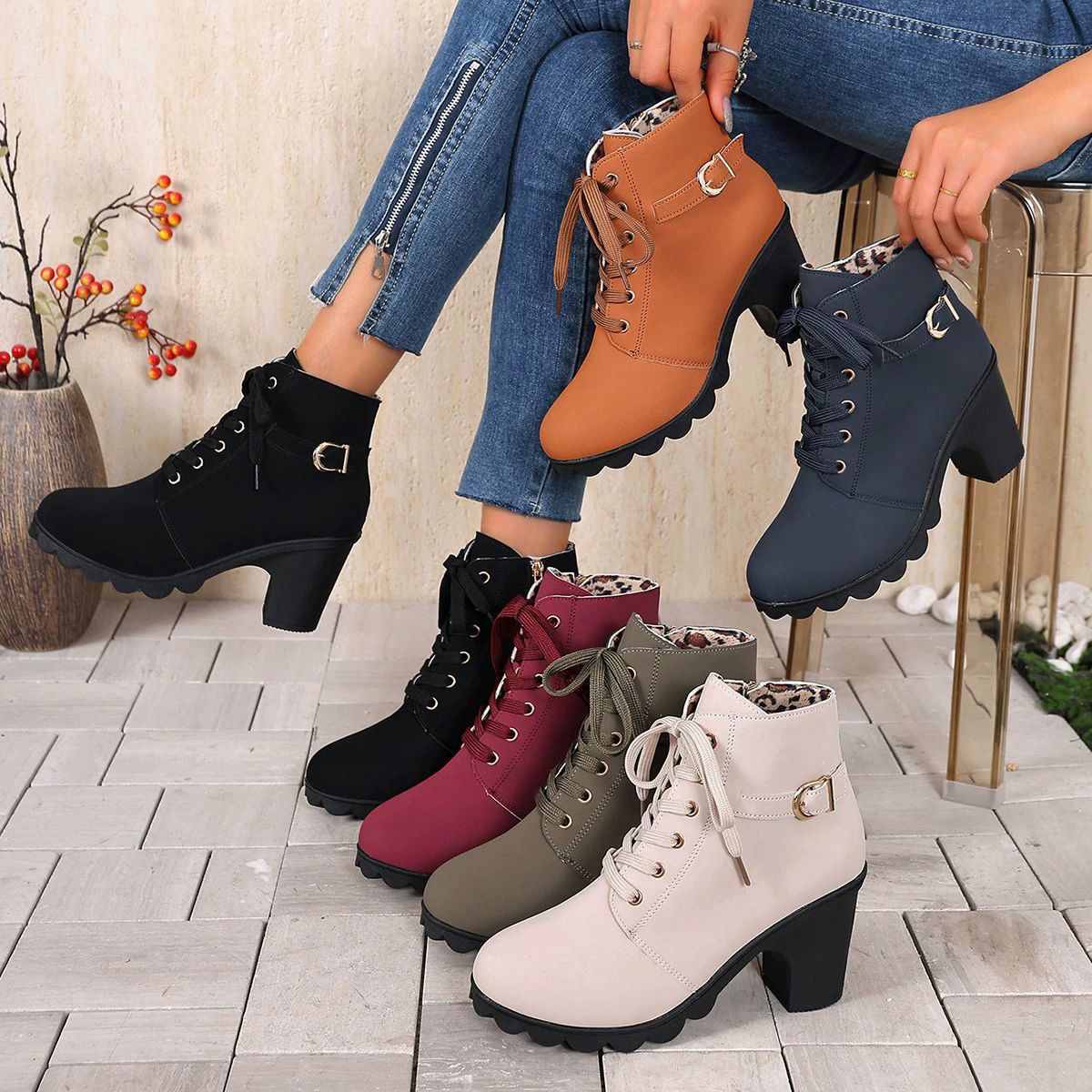 Thick Heel Ankle Boots Round-Toe Lace-Up Martin Boots - Image 5