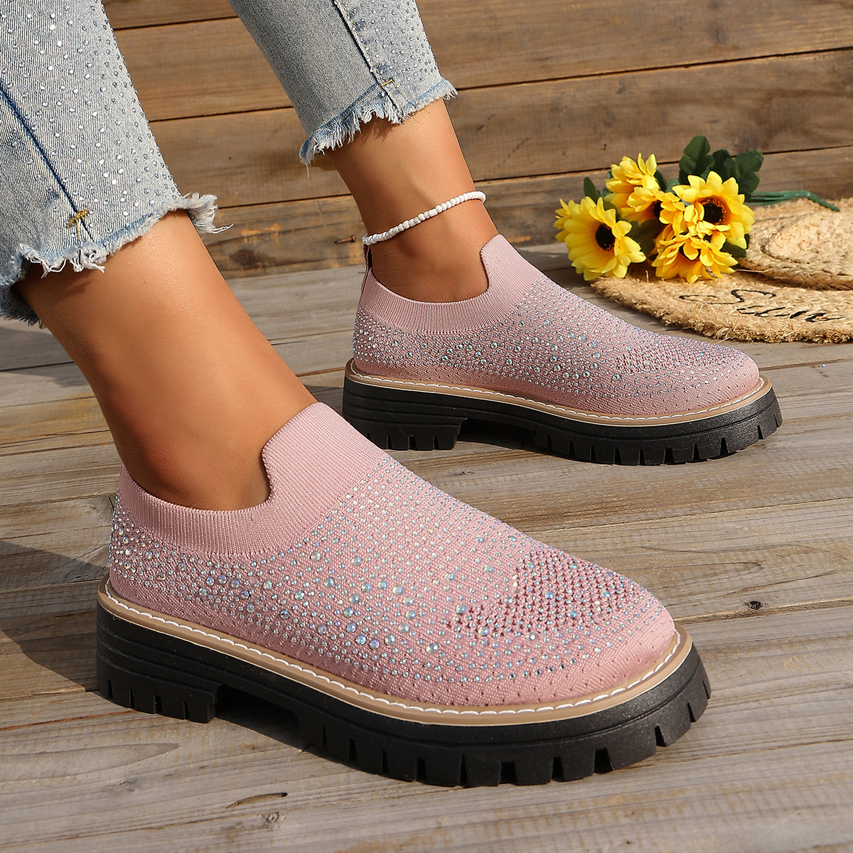 Womens Rhinestone Decorated Flat Sole Casual Shoes - Image 2